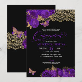 Invitación Rosas morados y mariposa de encaje Quinceañera