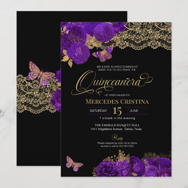 Invitación Rosas morados y mariposa de encaje Quinceañera Inv (Anverso / Reverso)