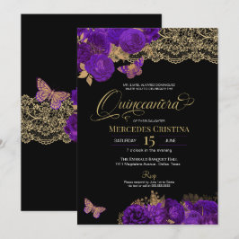 Invitación Rosas morados y mariposa de encaje Quinceañera Inv