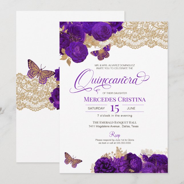 Invitación Rosas morados y mariposa de encaje Quinceañera Inv (Anverso / Reverso)