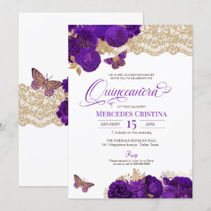 Invitación Rosas morados y mariposa de encaje Quinceañera Inv