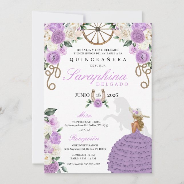 Invitación Rosas morados y pistas Charro Occidental Quinceañe (Anverso)