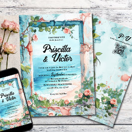 Invitación Rosas, muro de época y boda en la playa del mar