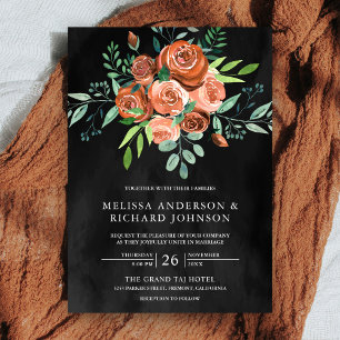 Invitación Rosas Naranja Tostada Terrosa Flores Gris Oscuro B