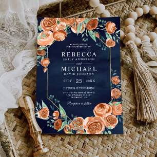 Invitación Rosas Naranja Tostado Terroso Floral Azul Marino B