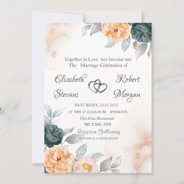 Invitación Rosas Naranja Verde Acuarela (Anverso)