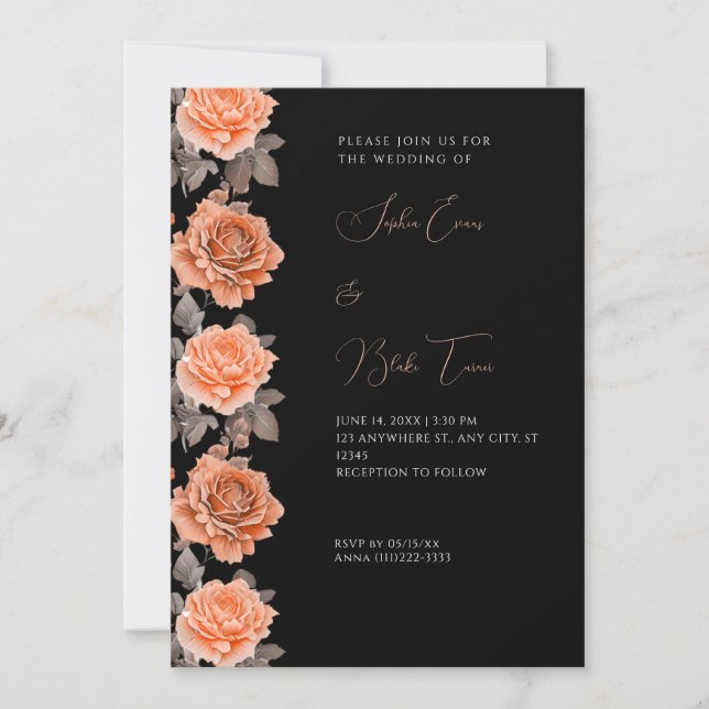 Invitación Rosas naranjas Boda negro otoño moderno (Anverso)
