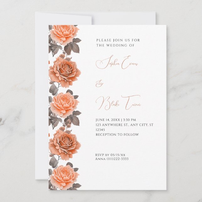 Invitación Rosas Naranjas Modernas Boda Otoño Blanco (Anverso)