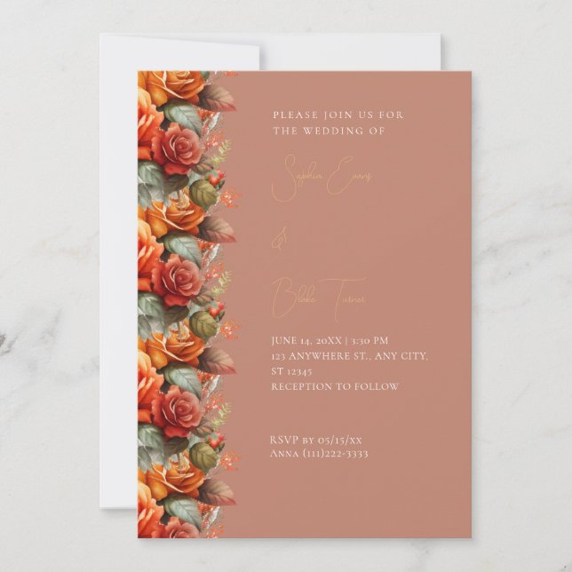 Invitación Rosas Naranjas modernos se caen Boda Brown (Anverso)