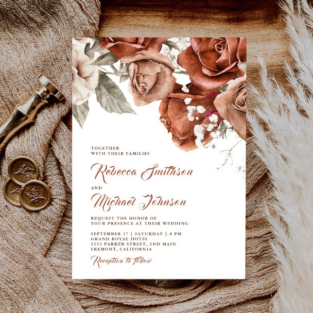 Invitación Rosas Naranjas quemados Boda Floral de Terracotta (Subido por el creador)