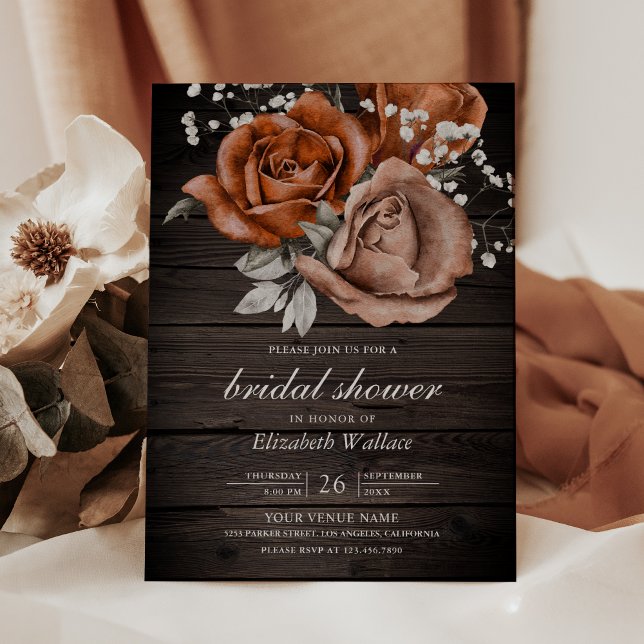 Invitación Rosas Naranjas quemados de madera  Terracotta Brid (Subido por el creador)