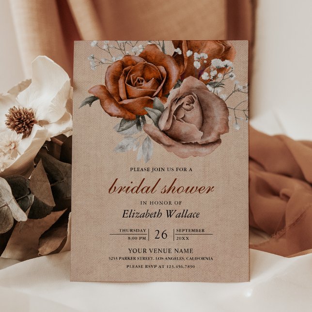 Invitación Rosas Naranjas quemados en Burlap (Subido por el creador)
