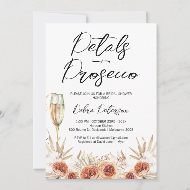 Invitación Rosas Naranjas quemados Petals ducha de novia Pros (Anverso)