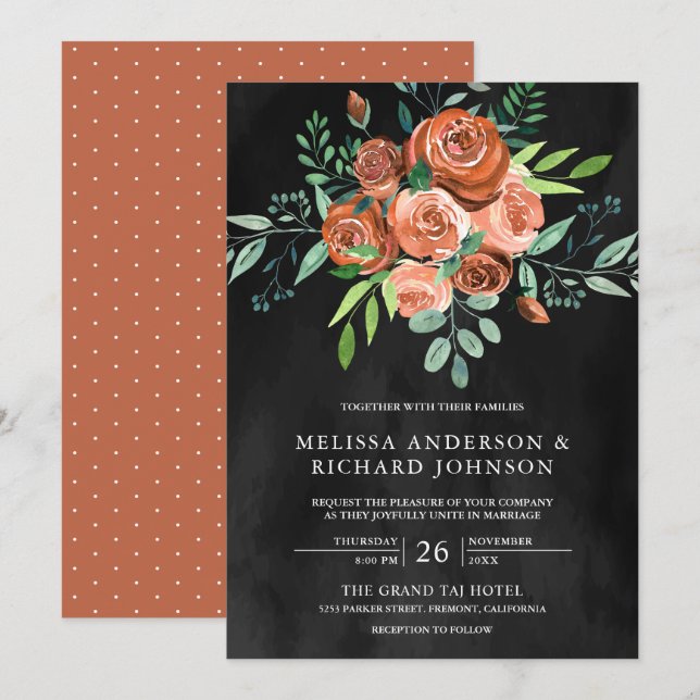 Invitación Rosas Naranjas quemados por la tierra Boda gris os (Anverso / Reverso)
