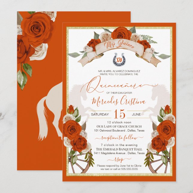 Invitación Rosas naranjas Quinceanera Western Charro (Anverso / Reverso)