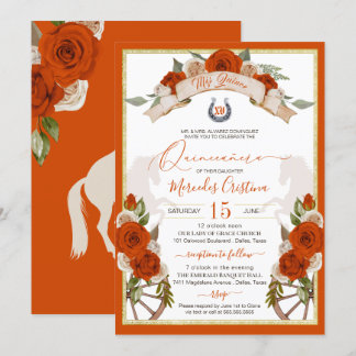 Invitación Rosas naranjas Quinceanera Western Charro