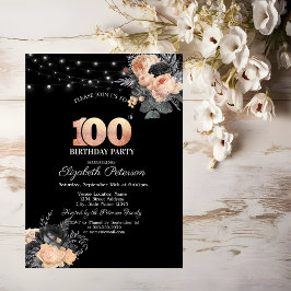 Invitación Rosas naranjas String Lights Black 100 Birthday