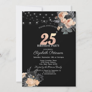 Invitación Rosas naranjas String Lights Black 25th Birthday