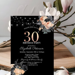 Invitación Rosas naranjas String Lights Black 30 Birthday