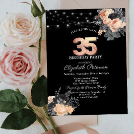 Invitación Rosas naranjas String Lights Black 35th Birthday