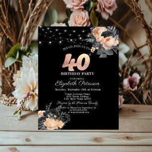 Invitación Rosas naranjas String Lights Black 40th Birthday