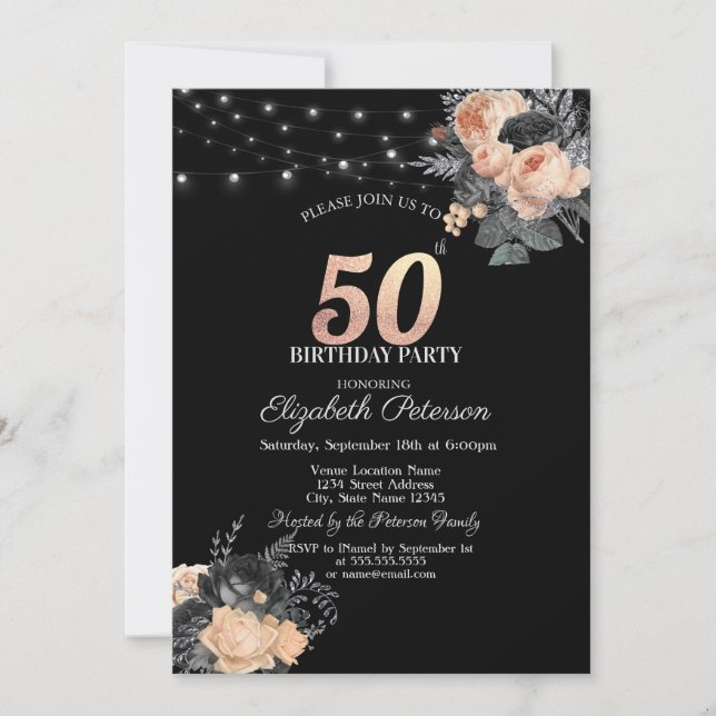 Invitación Rosas naranjas String Lights Black 50th Birthday (Anverso)