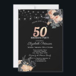 Invitación Rosas naranjas String Lights Black 50th Birthday<br><div class="desc">Una invitación moderna,  de moda y glamurosa con elegantes cordones de luces y flores.</div>