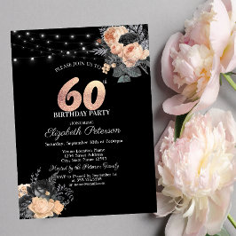 Invitación Rosas naranjas String Lights Black 60th Birthday