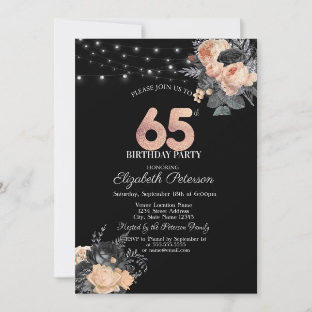 Invitación Rosas naranjas String Lights Black 65th Birthday (Anverso)