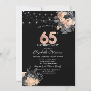 Invitación Rosas naranjas String Lights Black 65th Birthday