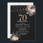 Invitación Rosas naranjas String Lights Black 70th Birthday<br><div class="desc">Una invitación moderna,  de moda y glamurosa con elegantes cordones de luces y flores.</div>