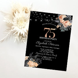 Invitación Rosas naranjas String Lights Black 75th Birthday