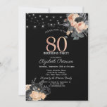 Invitación Rosas naranjas String Lights Black 80th Birthday<br><div class="desc">Una invitación moderna,  de moda y glamurosa con elegantes cordones de luces y flores.</div>