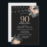 Invitación Rosas naranjas String Lights Black 90th Birthday<br><div class="desc">Una invitación moderna,  de moda y glamurosa con elegantes cordones de luces y flores.</div>