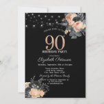 Invitación Rosas naranjas String Lights Black 90th Birthday<br><div class="desc">Una invitación moderna,  de moda y glamurosa con elegantes cordones de luces y flores.</div>