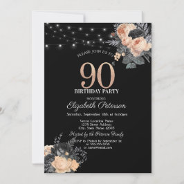 Invitación Rosas naranjas String Lights Black 90th Birthday