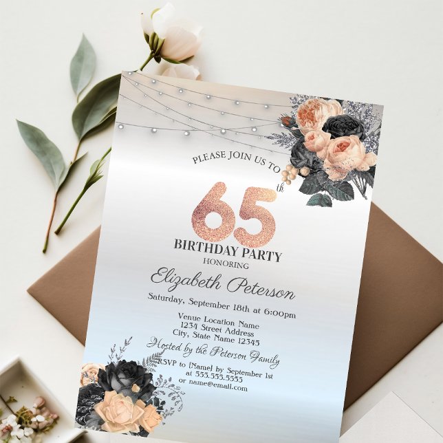Invitación Rosas naranjas String Lights Silver 65 cumpleaños (Subido por el creador)