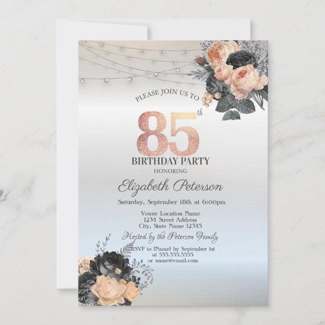 Invitación Rosas naranjas String Lights Silver 85 cumpleaños (Anverso)