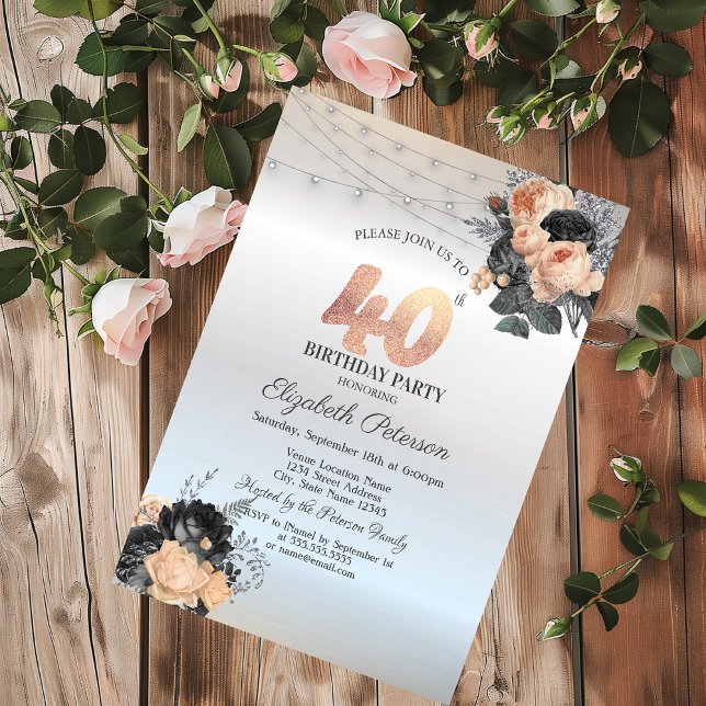 Invitación Rosas naranjas String Luces Silver 40 cumpleaños (Subido por el creador)