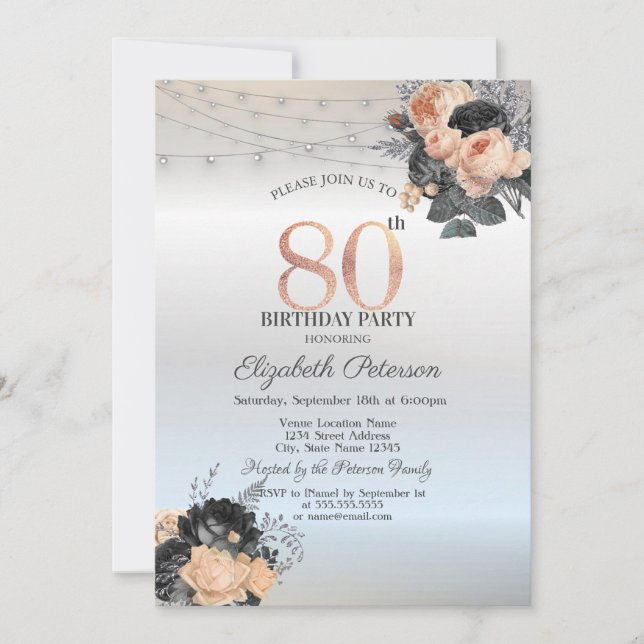 Invitación Rosas naranjas String Luces Silver 80 cumpleaños (Anverso)
