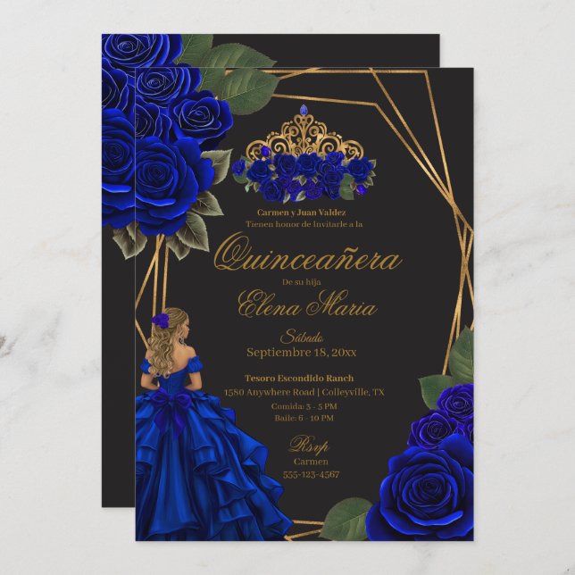 Invitación Rosas Negras Azules Rosas Doradas Princesa Quincea (Anverso / Reverso)