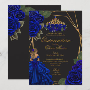 Invitación Rosas Negras Azules Rosas Doradas Princesa Quincea
