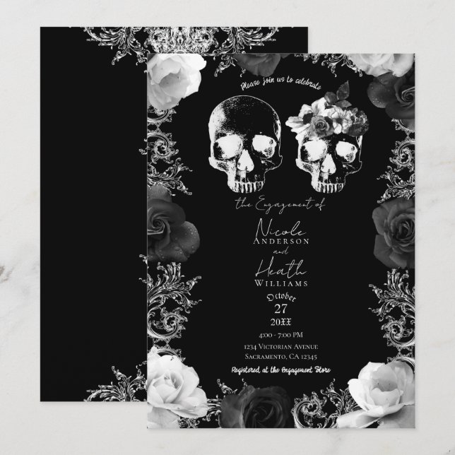 Invitación Rosas Negras Blancas Calavera Cráneo Fiesta de Com (Anverso / Reverso)