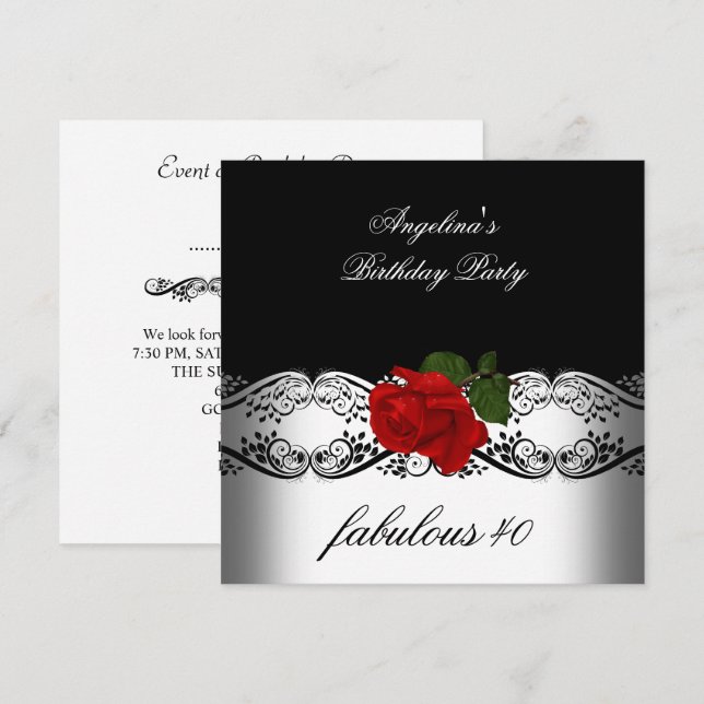 Invitación Rosas Negras Blancas de Cumpleaños Fabuloso (Anverso / Reverso)