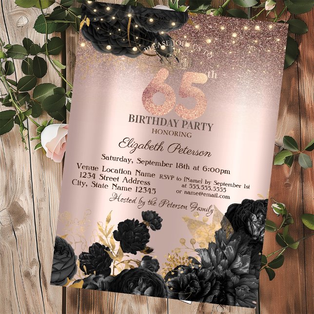 Invitación Rosas Negras Brillo Rosa Dorado Cumpleaños 65   (Subido por el creador)