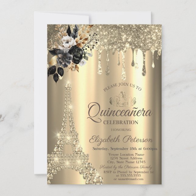 Invitación Rosas Negras Chic Torre Eiffel Gotear Oro (Anverso)