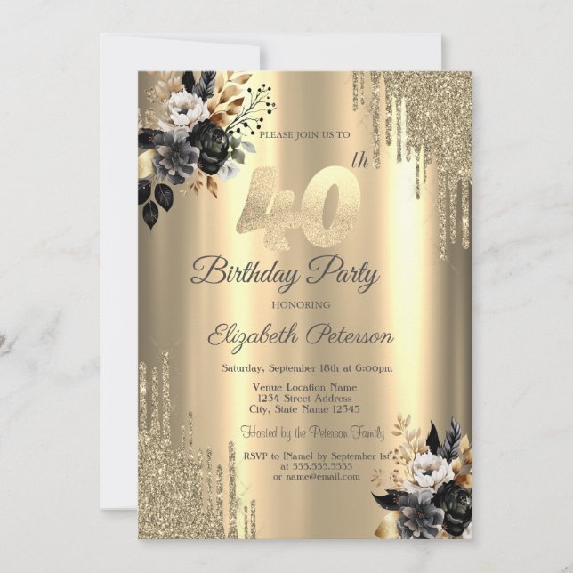 Invitación Rosas Negras con Drips de Purpurina Dorada Cumplea (Anverso)
