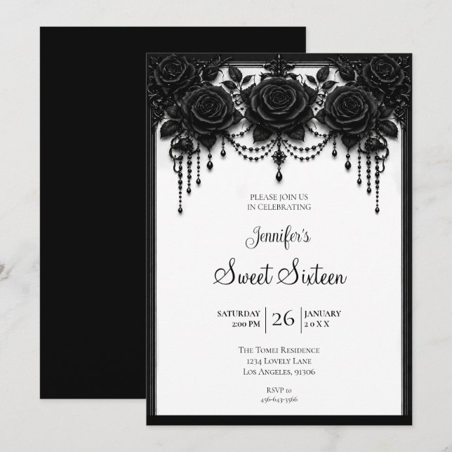 Invitación Rosas Negras Cumpleaños Dulces 16 (Anverso / Reverso)