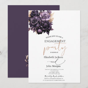 Invitación Rosas Negras Elegantes Compromiso de Color Púrpura