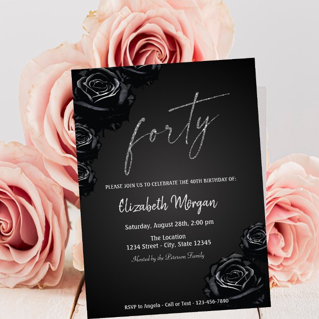 Invitación Rosas Negras Elegantes Cumpleaños 40 Gótico (Subido por el creador)